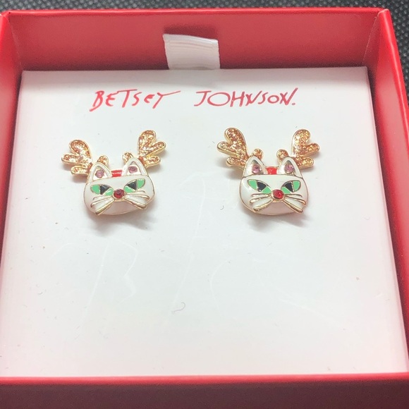 Betsey‎ Johnson pink gemstone cat reindeer earrings new - Picture 3 of 8
